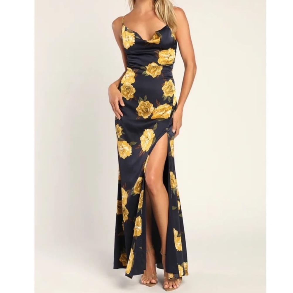 Lulus Sleek Blooms Navy Blue Floral Print Backless Cowl Maxi Dress Small